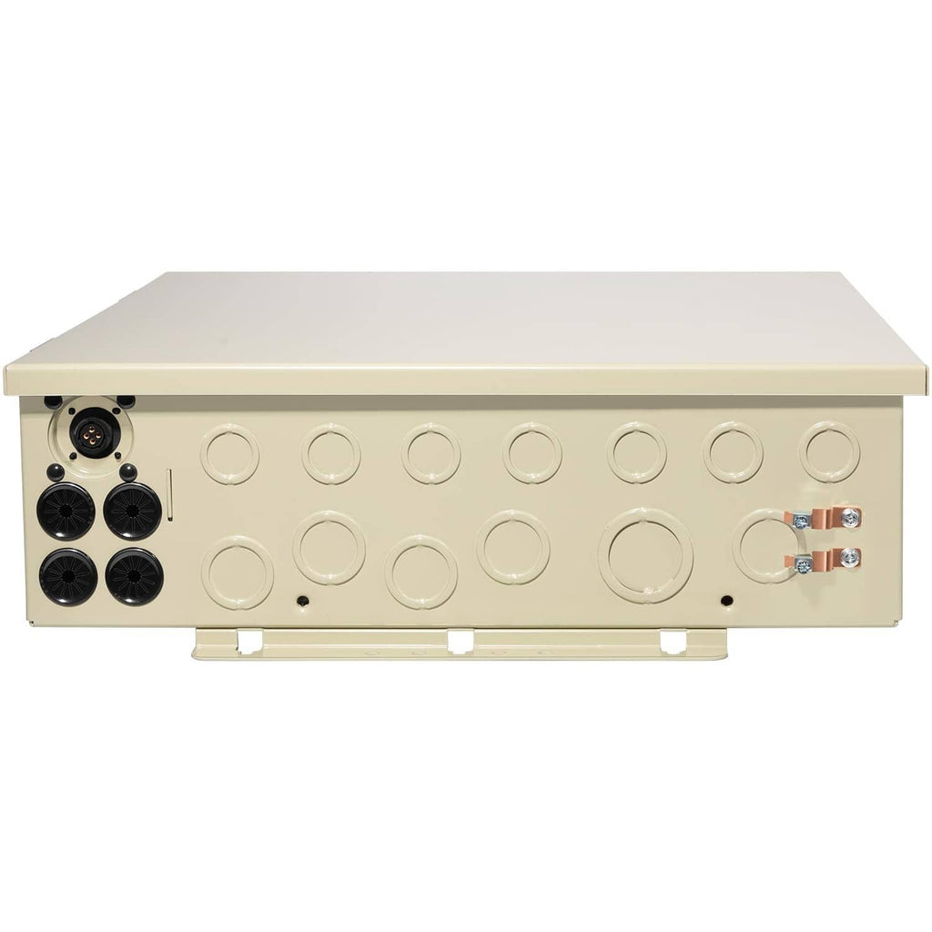 Pool and spa power center side view with circular ports and built-in connectors
