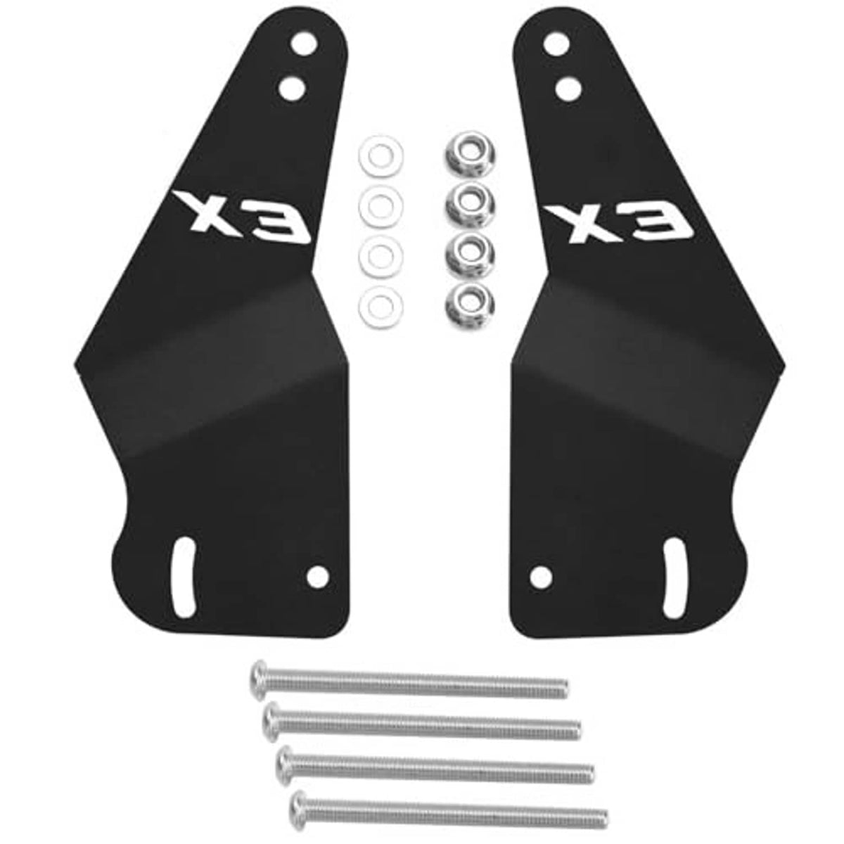 Two black bracket plates with mounting holes, plus bolt screws and washers
