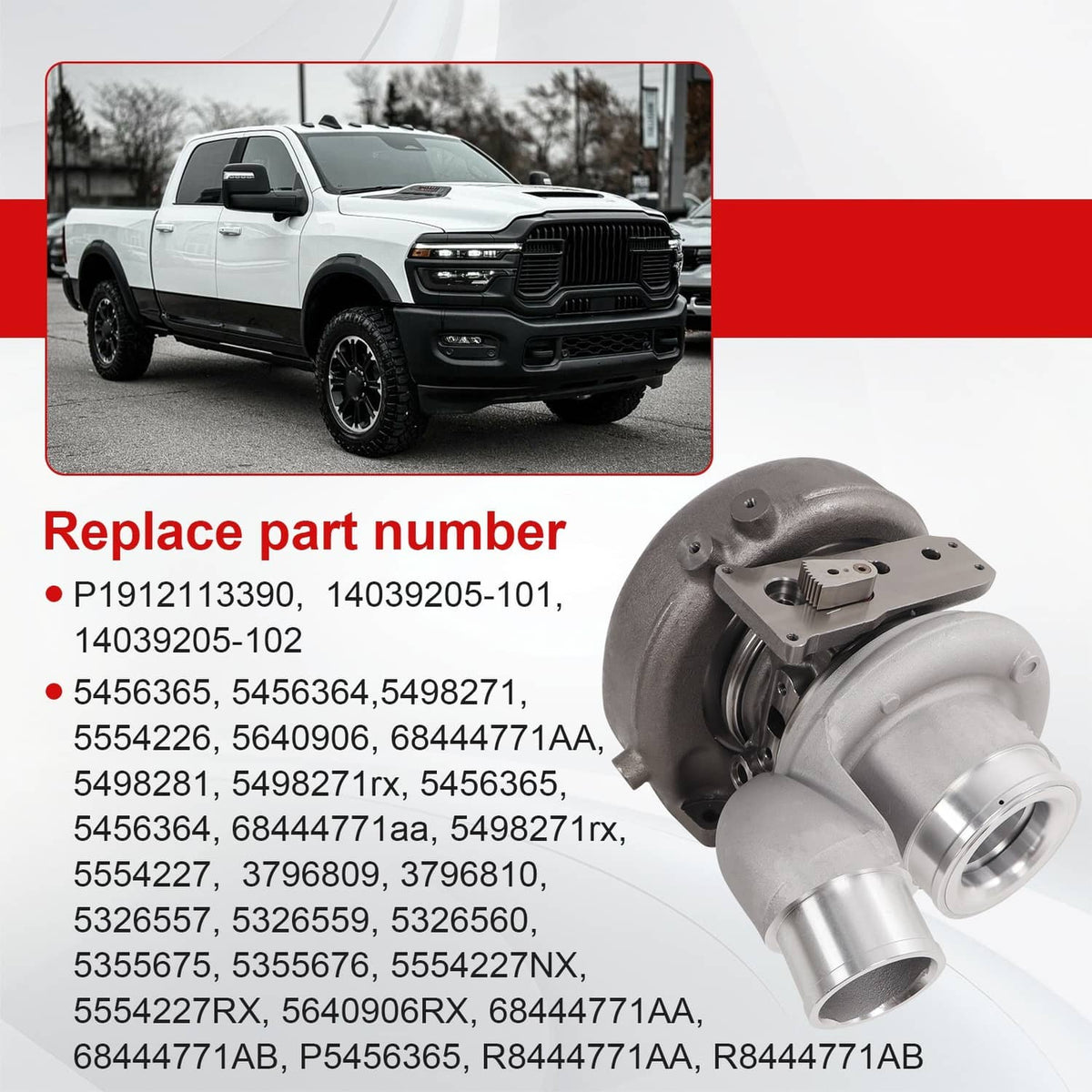 Turbocharger part shown beside pickup truck for replacement fitment