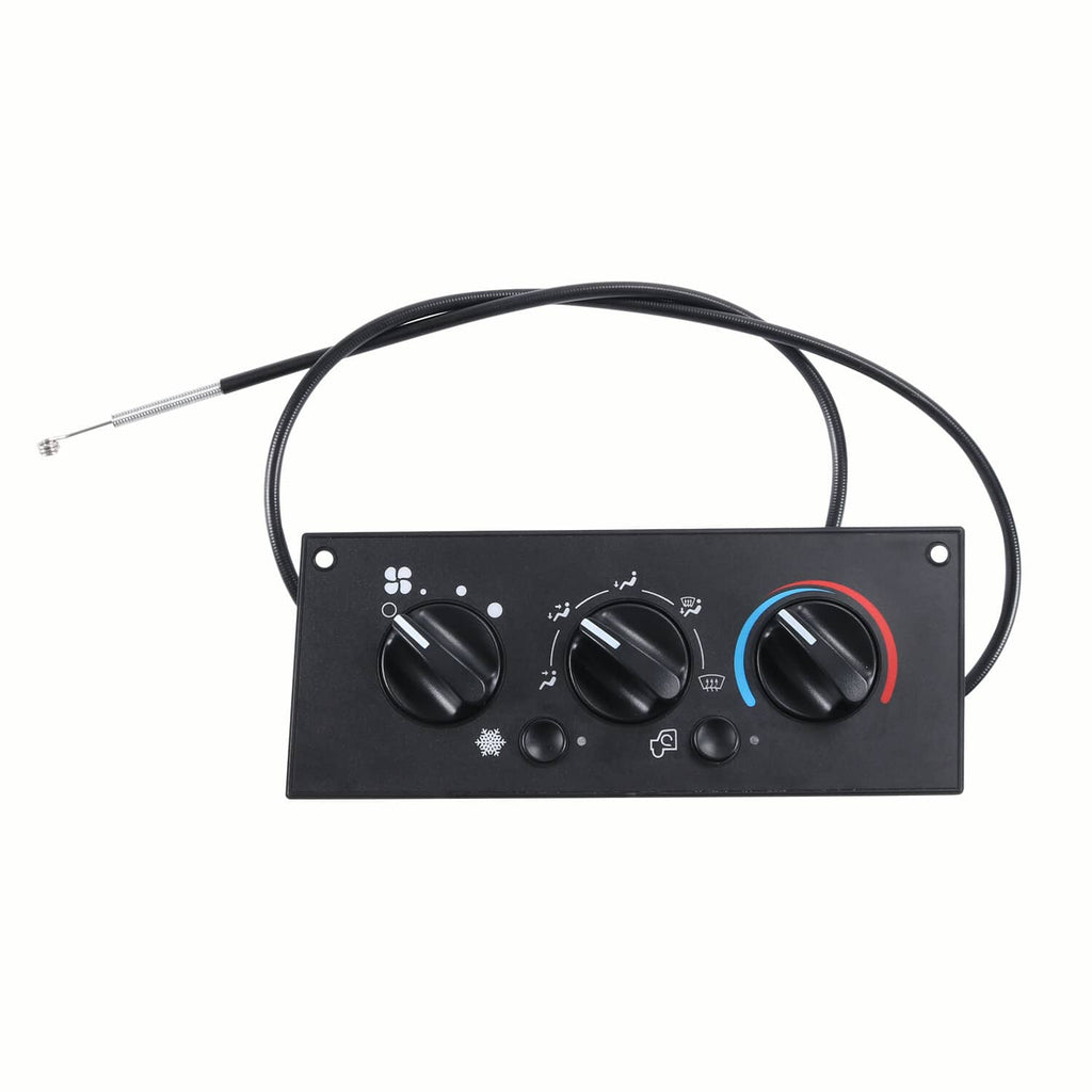Black climate control module with three rotary knobs and attached wire harness