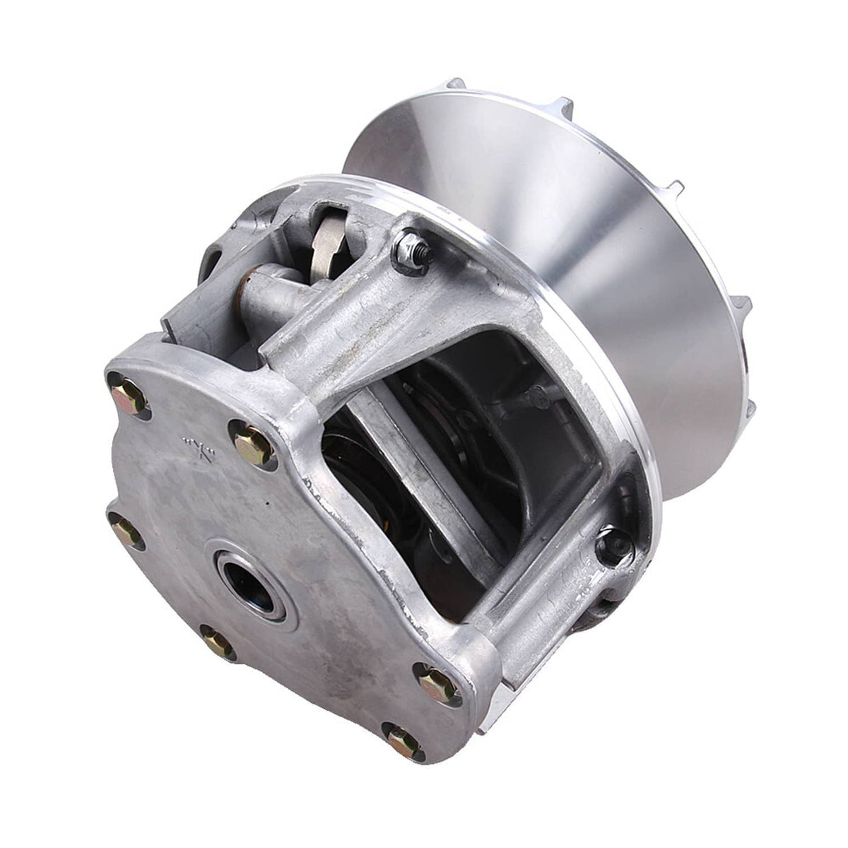 Driven clutch assembly showing circular metal plates and internal black components
