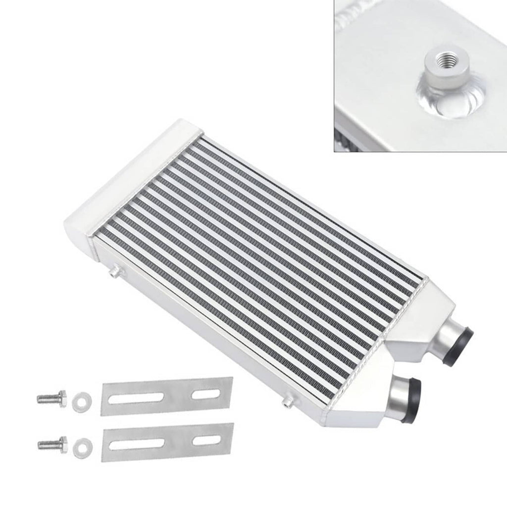 Aluminum front-mount intercooler with black core, side tubes, and included mounting brackets.