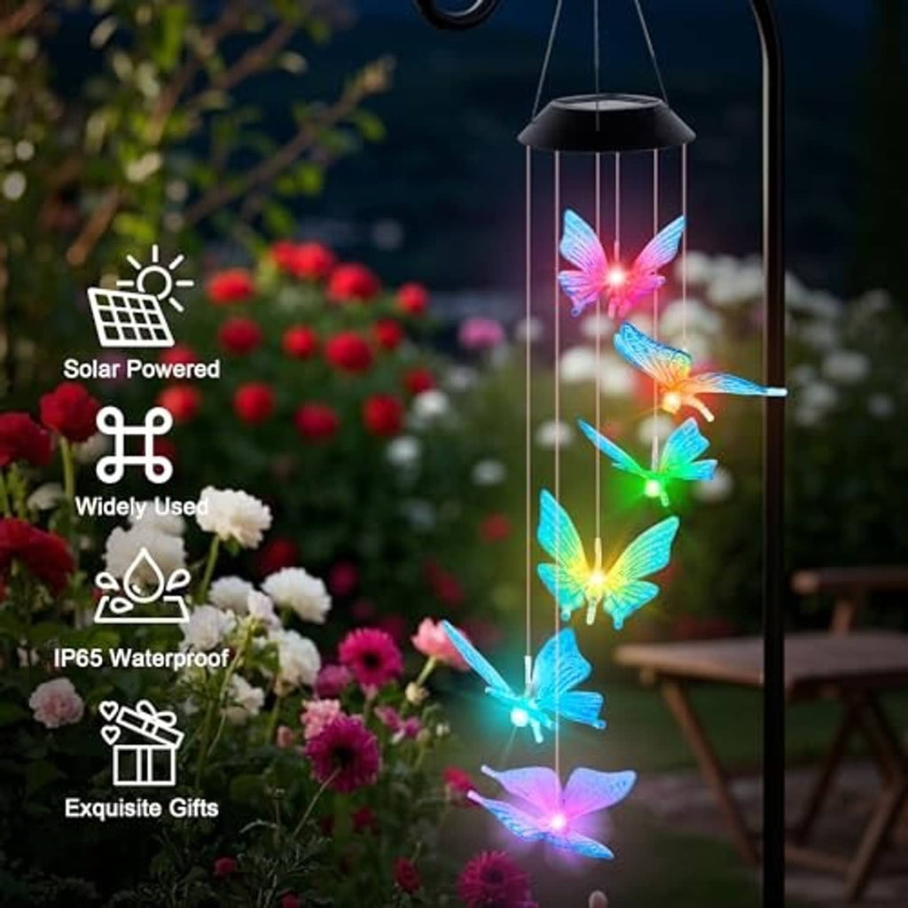 Solar butterfly wind chime with glowing multicolor LED butterflies and black hanging top