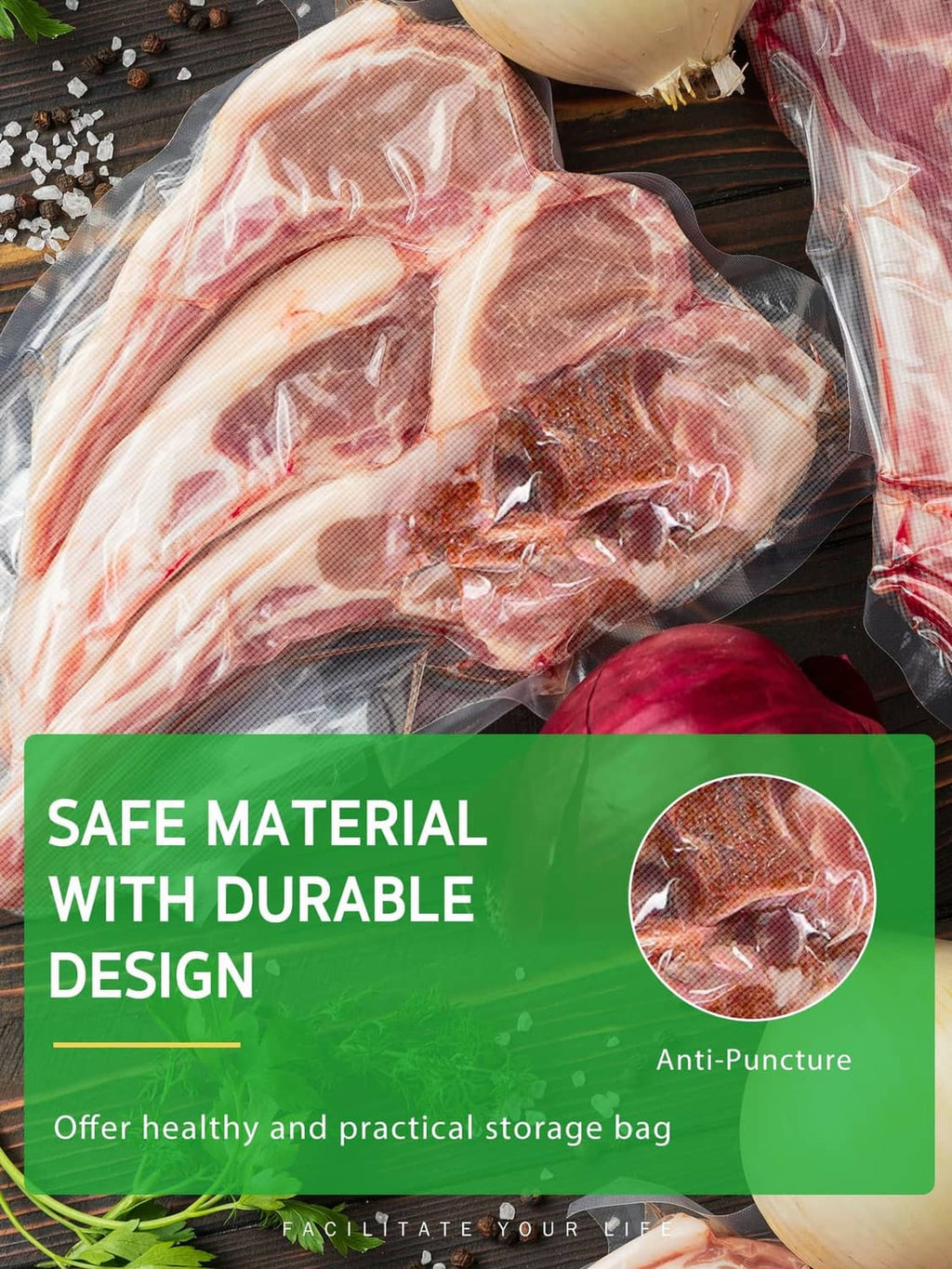 Vacuum-sealed meat and herbs in a clear bag, sealed edges for storage