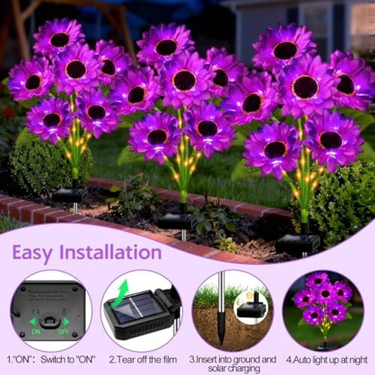 Purple solar sunflower garden lights with black stake bases, clustered blooms