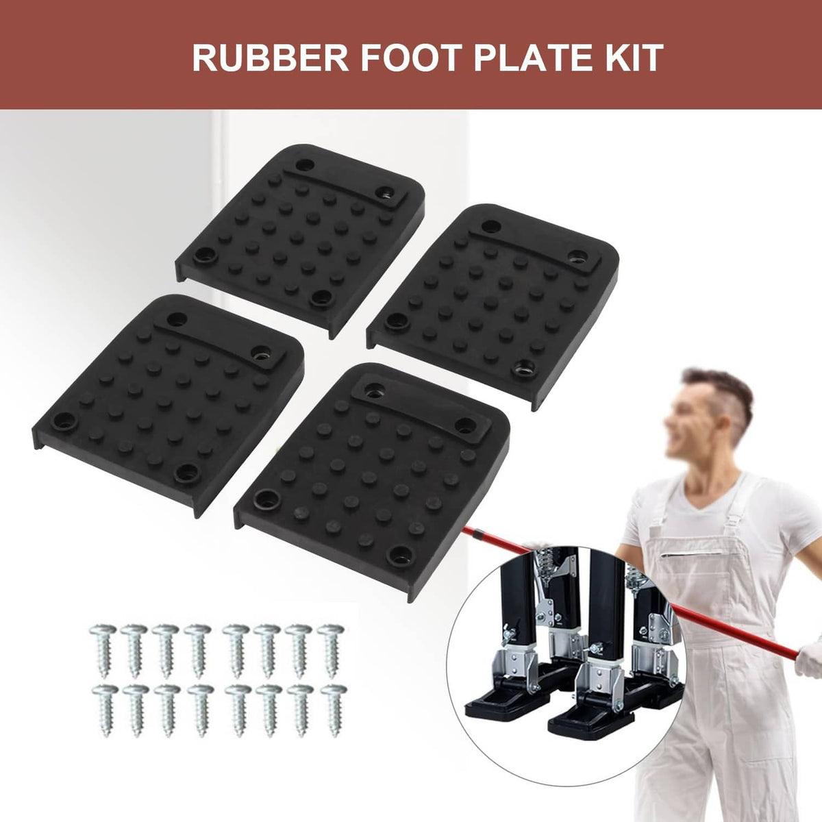 Rubber foot plate kit with four black anti-slip pads and metal mounting screws