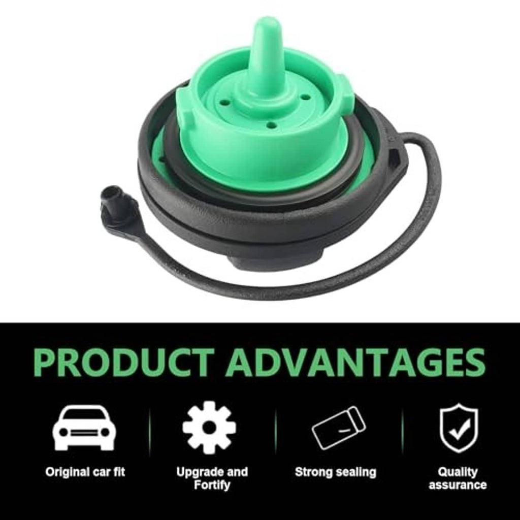 Inner fuel cap seal with bright green disk, black outer ring, and tether hose