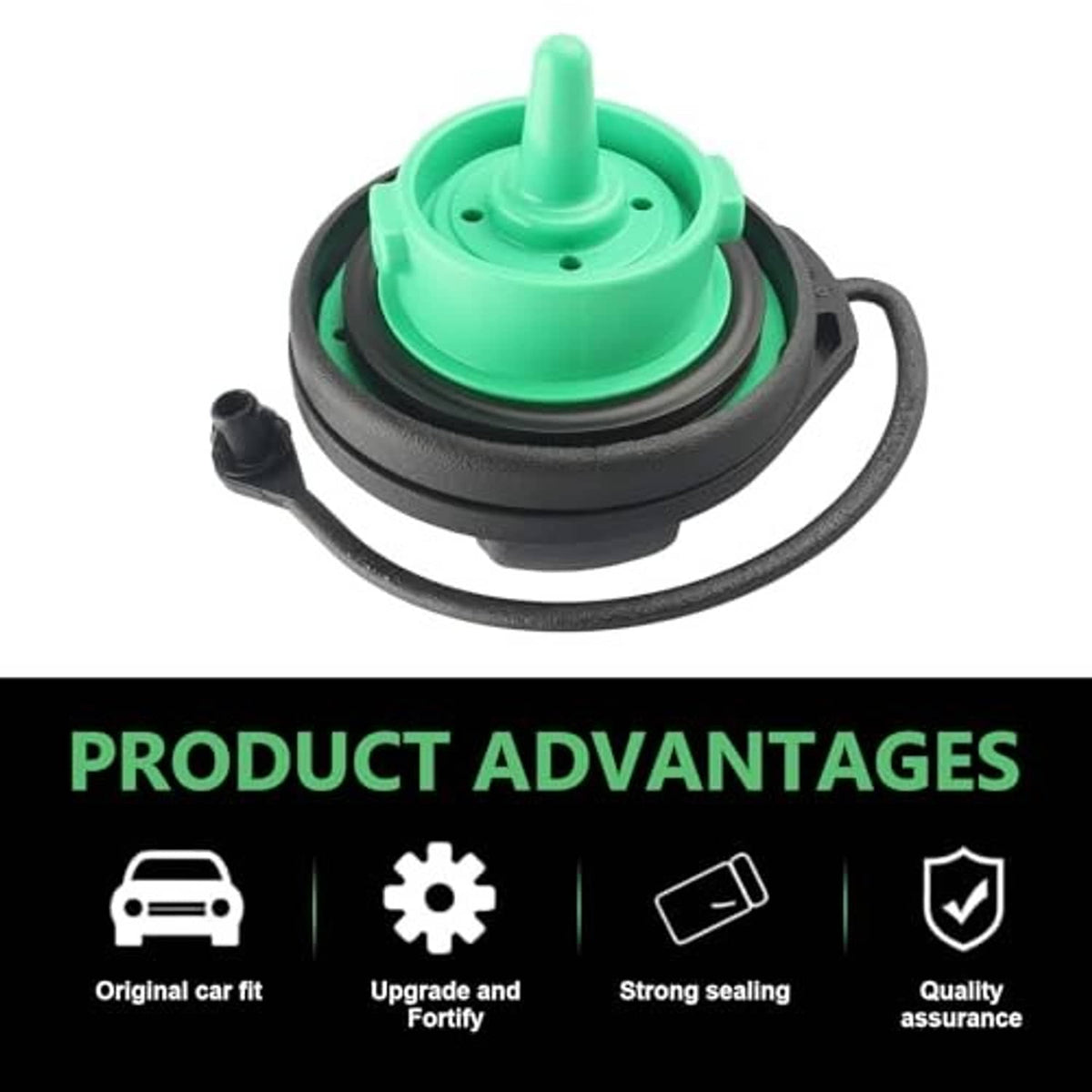 Inner fuel cap seal with bright green disk, black outer ring, and tether hose