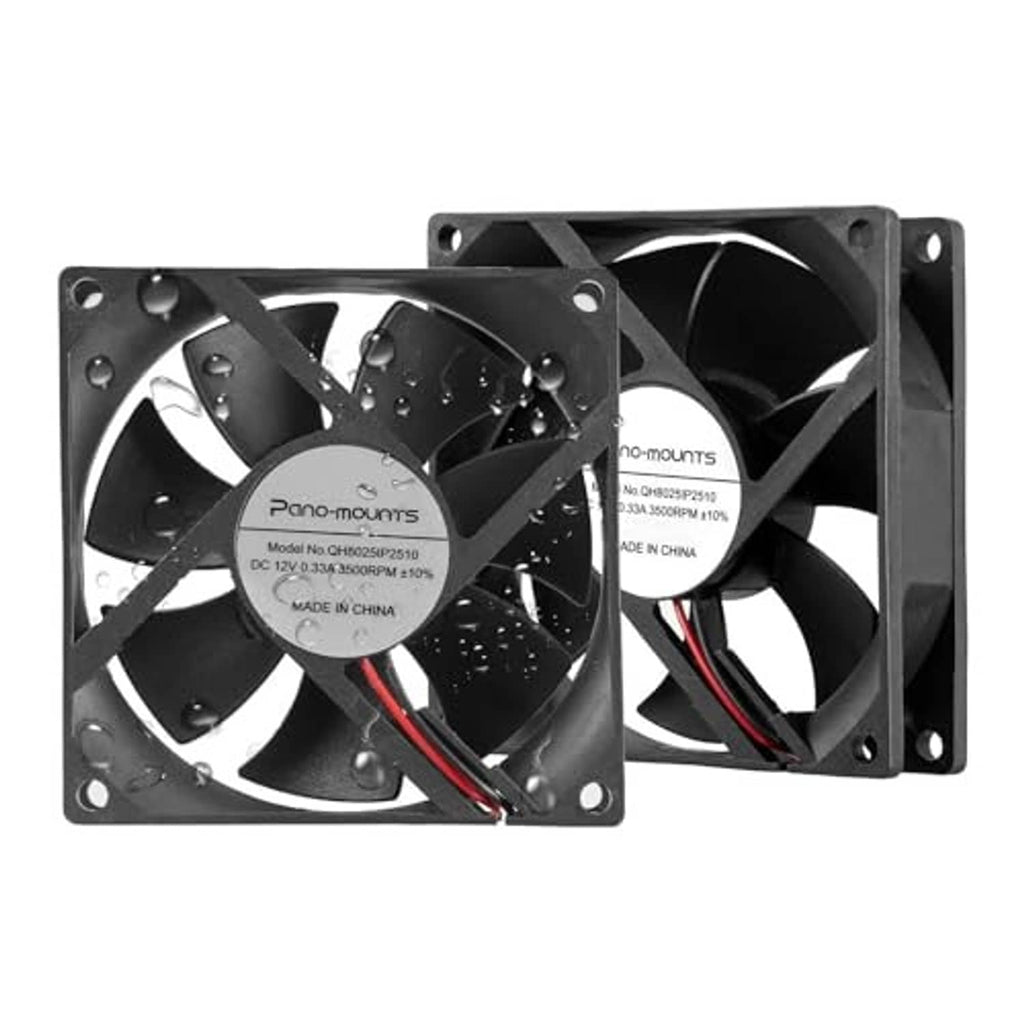 Two black 80mm DC cooling fans angled view, 2-wire leads and mounting holes