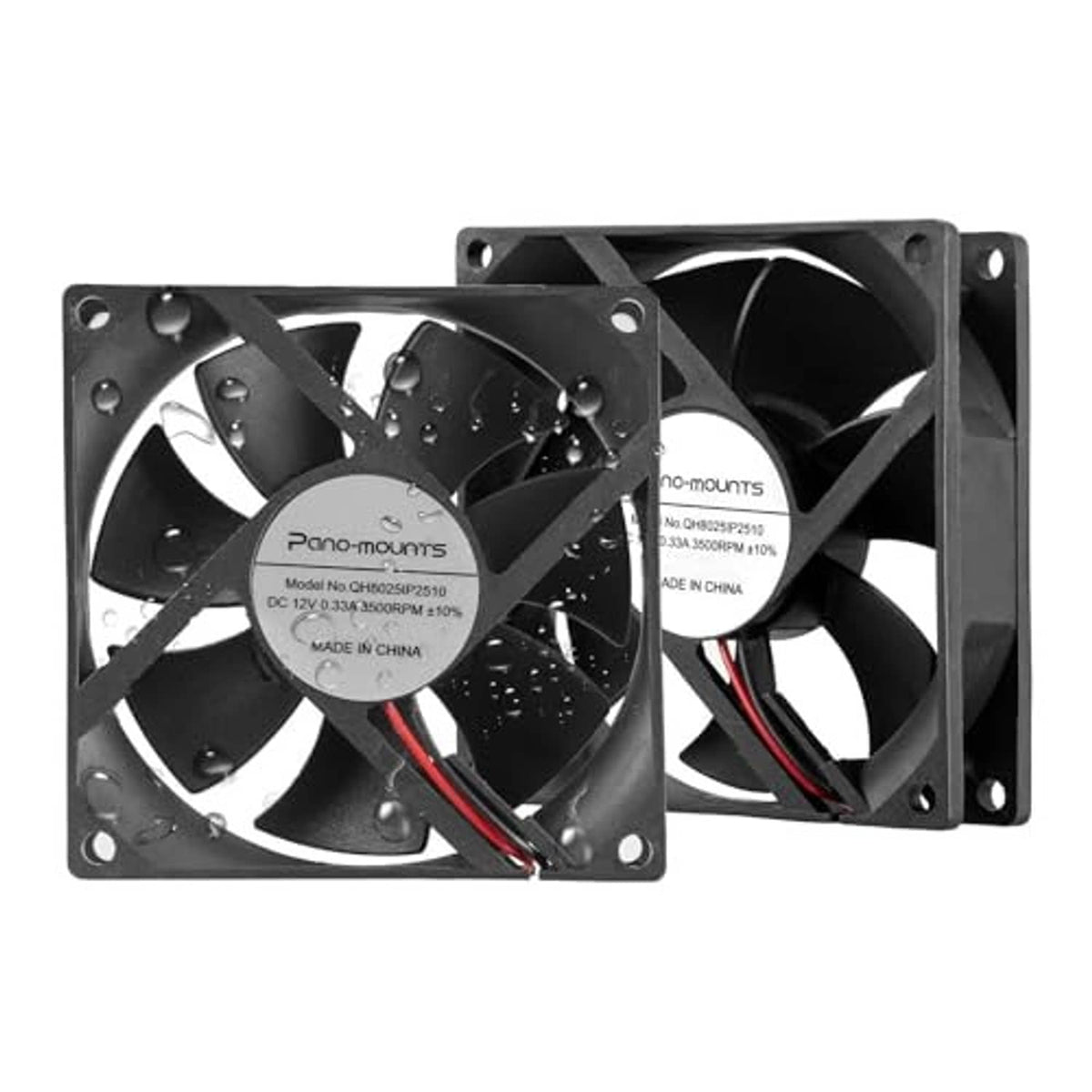 Two black 80mm DC cooling fans angled view, 2-wire leads and mounting holes