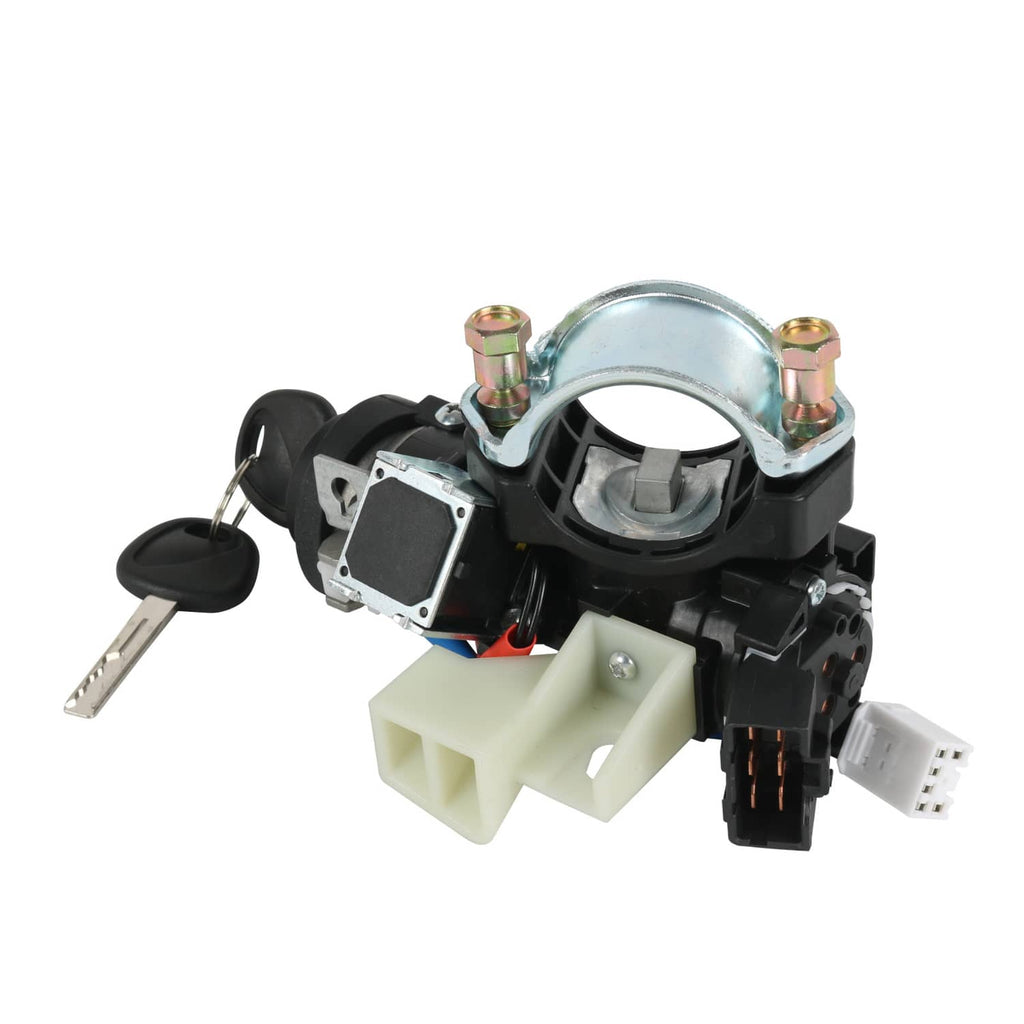 Ignition lock switch assembly with key cylinder, mounting hardware, and connector plugs