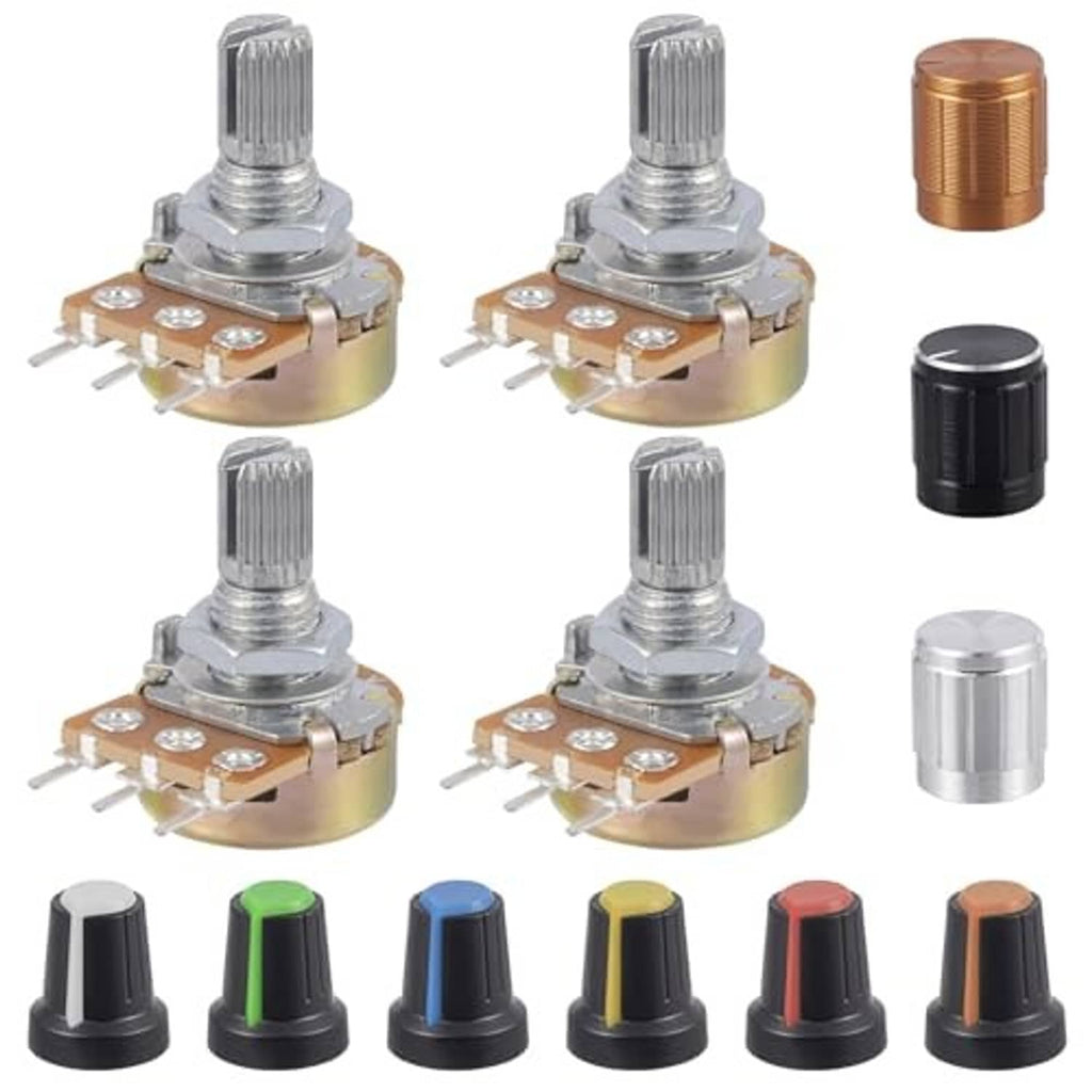 3-pin potentiometer with silver shaft and black, green, blue, yellow, red knob caps