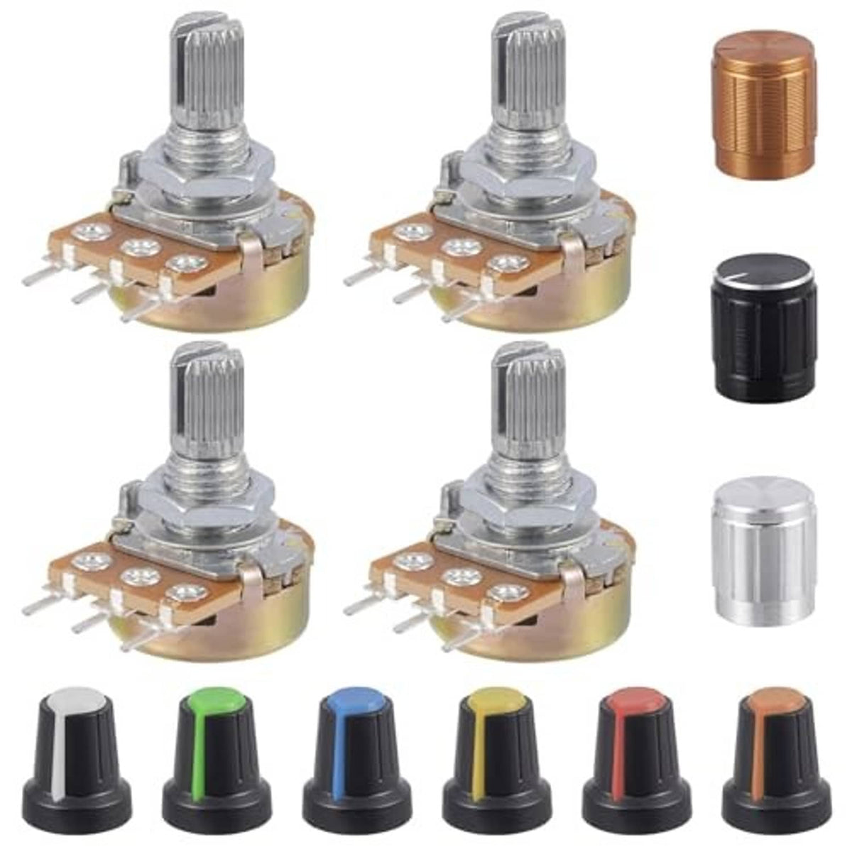 3-pin potentiometer with silver shaft and black, green, blue, yellow, red knob caps