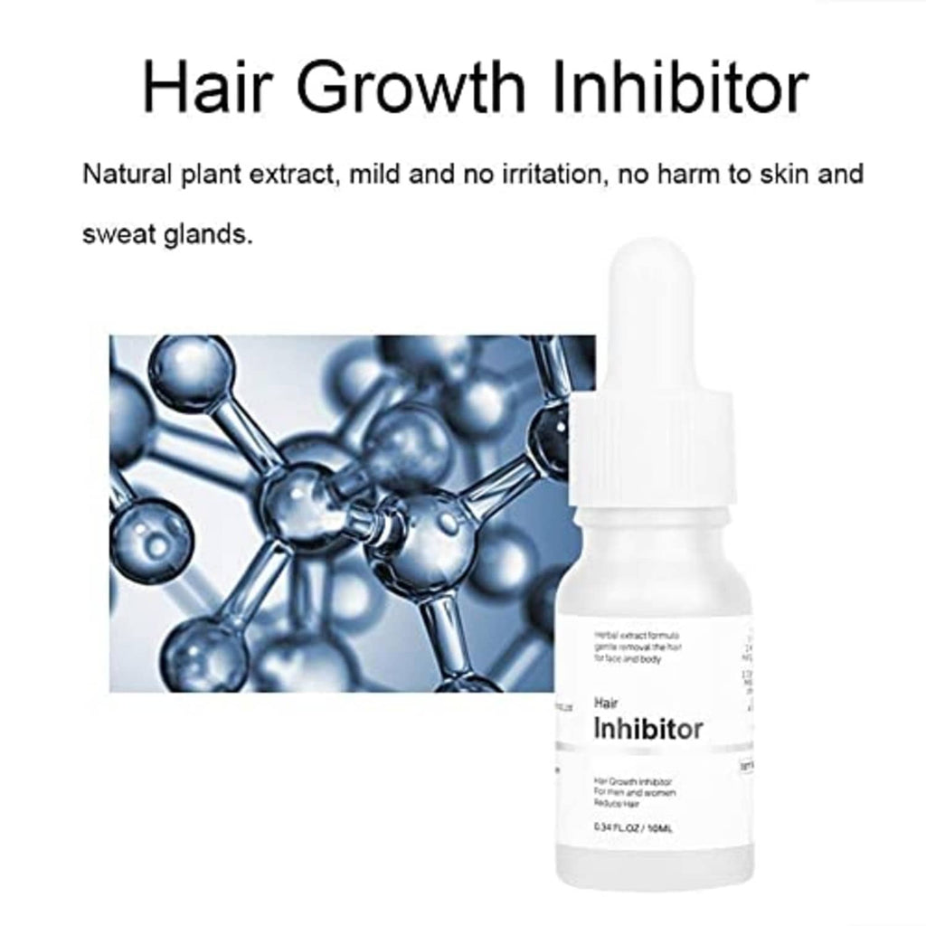 Hair growth inhibitor serum bottle with white cap and dropper, plant extract formula