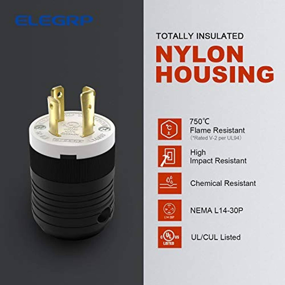 Twist-lock male plug with white nylon face, gold pins, and black insulated housing