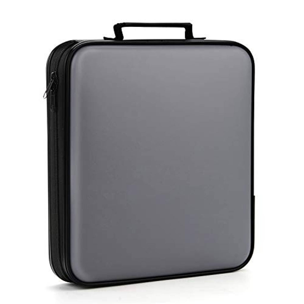 Grey DVD/CD storage case with black zip, molded handle, and outer protective shell.
