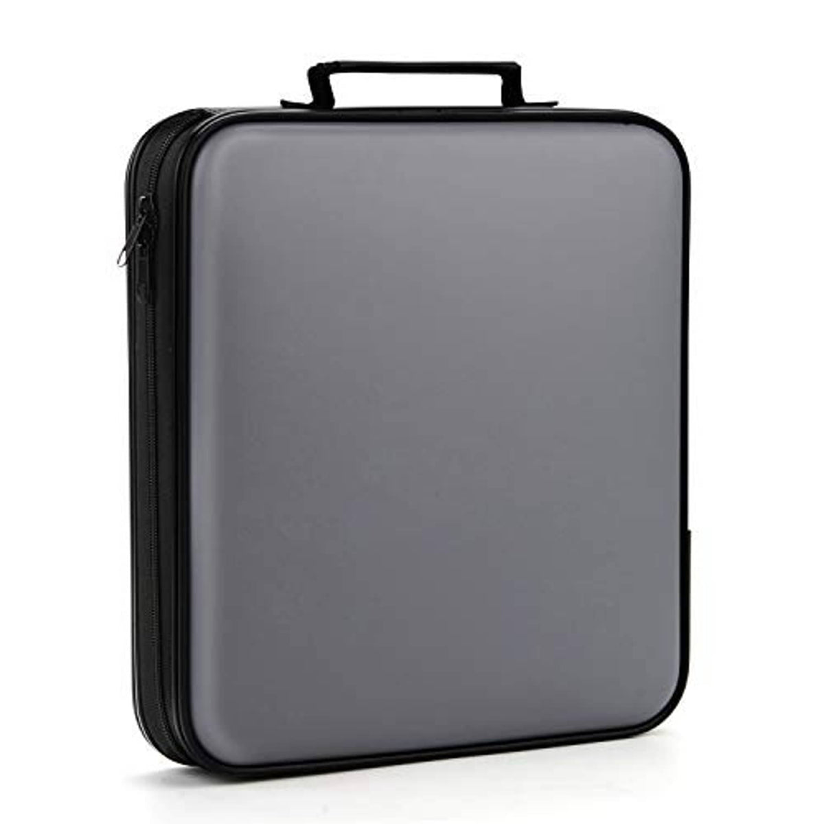 Grey DVD/CD storage case with black zip, molded handle, and outer protective shell.