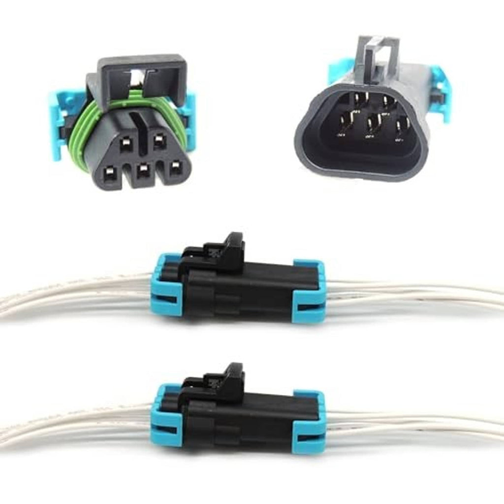 Male and female headlight connector pigtails with blue clips and wire leads