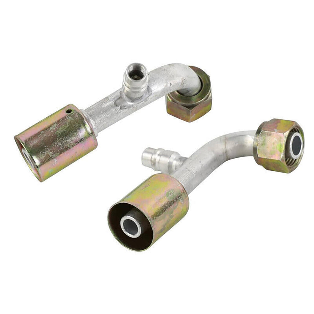 Metal A/C service hose fittings with hex caps and short tube ends, two-piece set