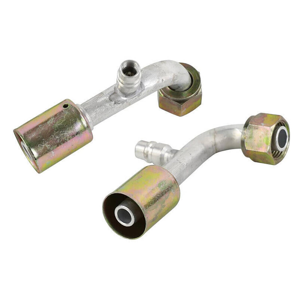 Metal A/C service hose fittings with hex caps and short tube ends, two-piece set