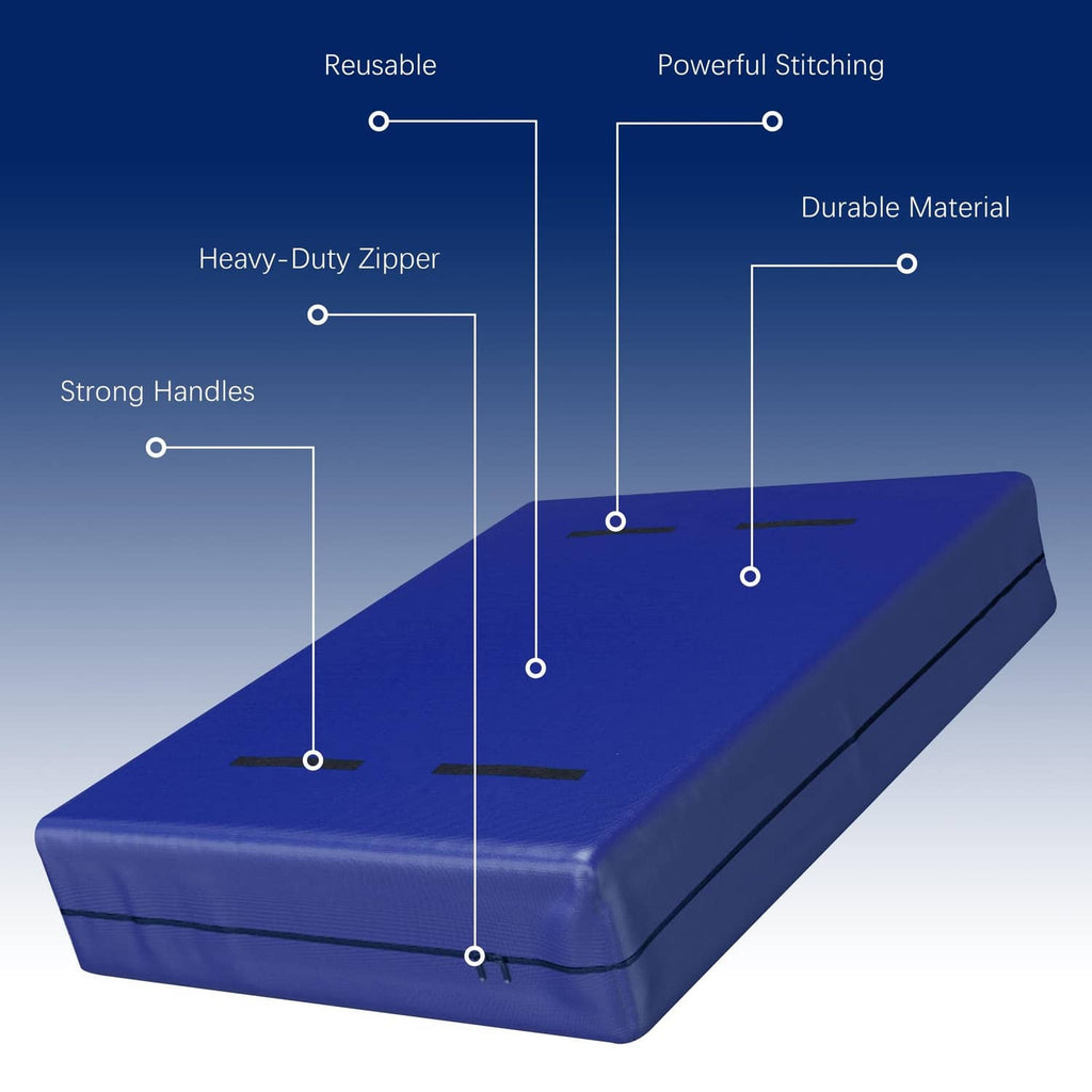 Blue mattress cover diagram with heavy-duty zipper and strong handles