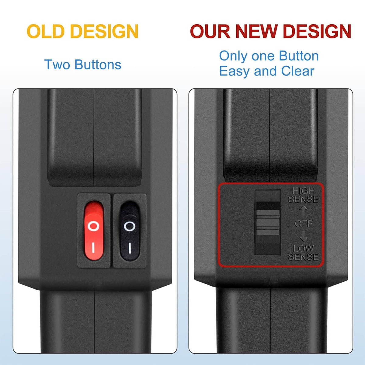 Black handheld metal detector switch area with button controls and high-sense indicator window