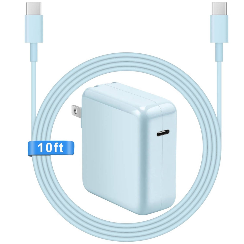 Light blue 96W USB-C power adapter with foldable plug and charging cable, 10 ft loop