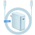 Light blue 96W USB-C power adapter with foldable plug and charging cable, 10 ft loop