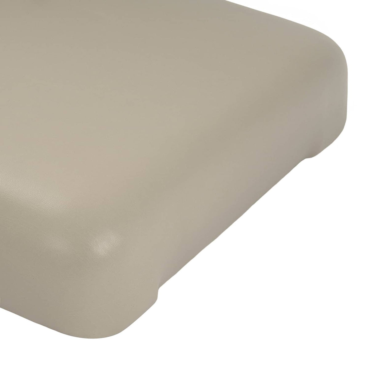 Beige cushion corner with smooth vinyl-like texture and rounded outer edge