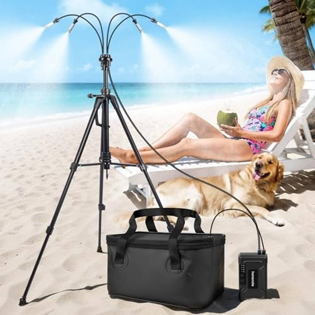Tripod misting stand with dual nozzle arms, water bag, and pump control unit