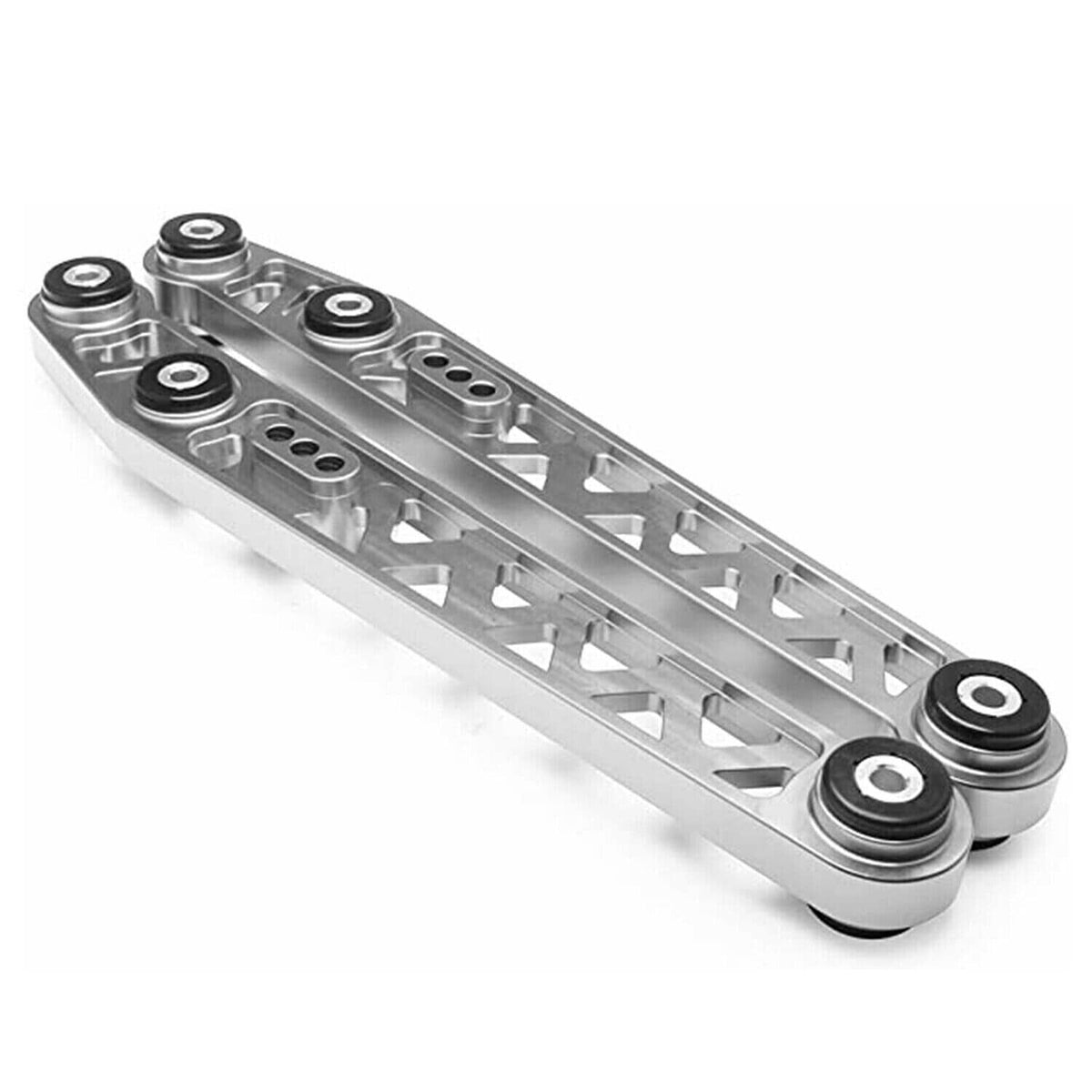Angled view of silver billet rear lower control arm with bushings and link mounts