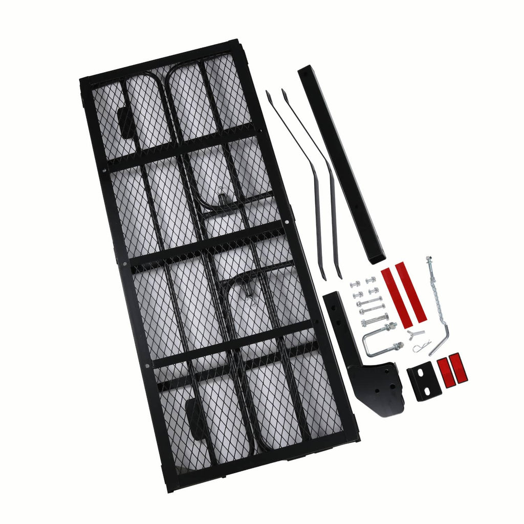 Black mesh cargo basket panel and mounting parts laid out for assembly