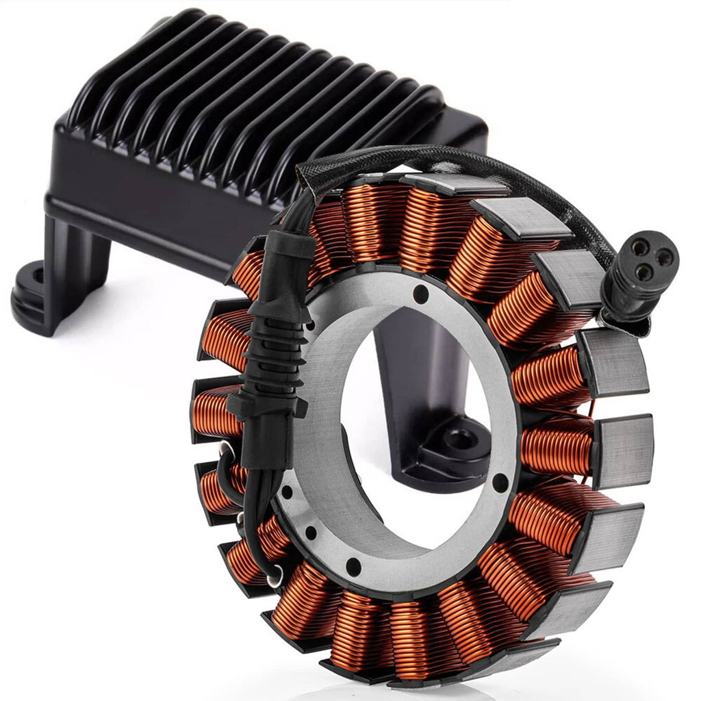 Stator with copper coil windings, gray backing plate, and black wire connectors