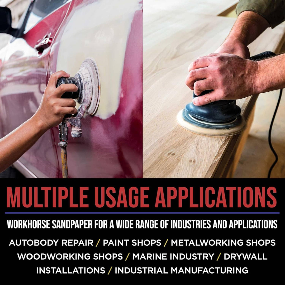 Red 8-hole sanding disc in use on an auto body with circular sanding pad holes