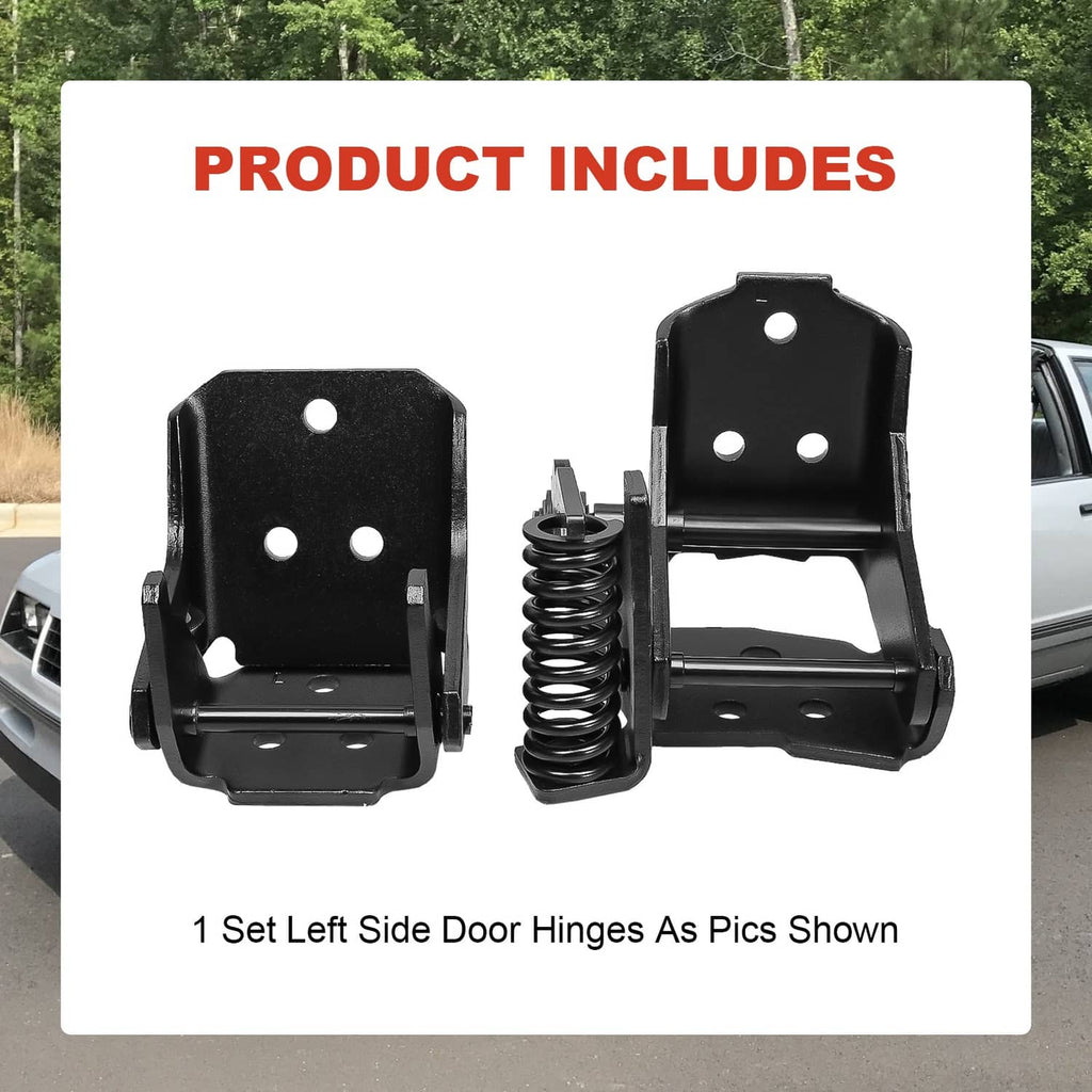 Left-side black door hinge set with coil spring and mounting plate holes.