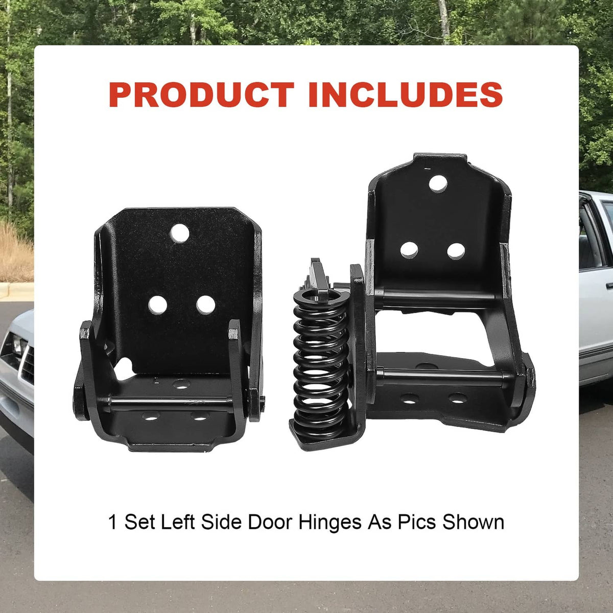 Left-side black door hinge set with coil spring and mounting plate holes.