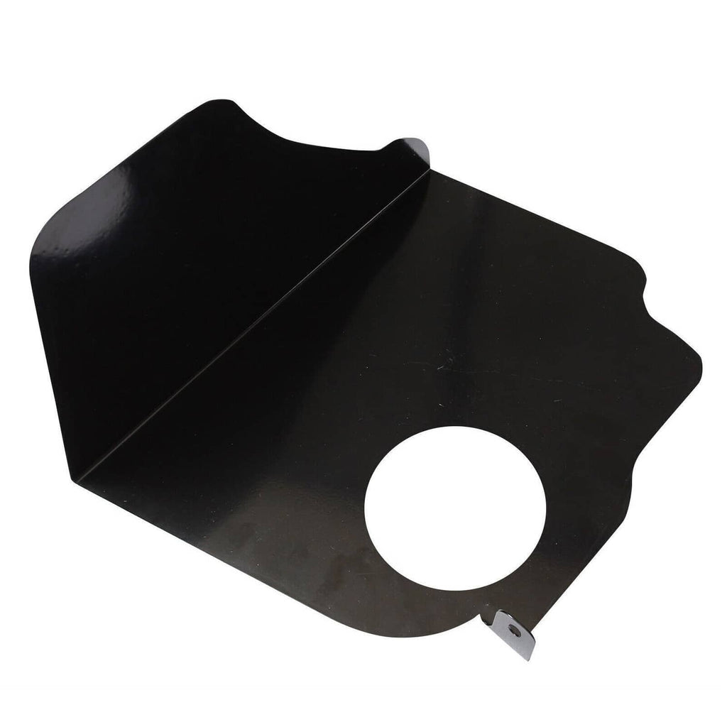 Black heat shield panel with circular opening and mounting tab