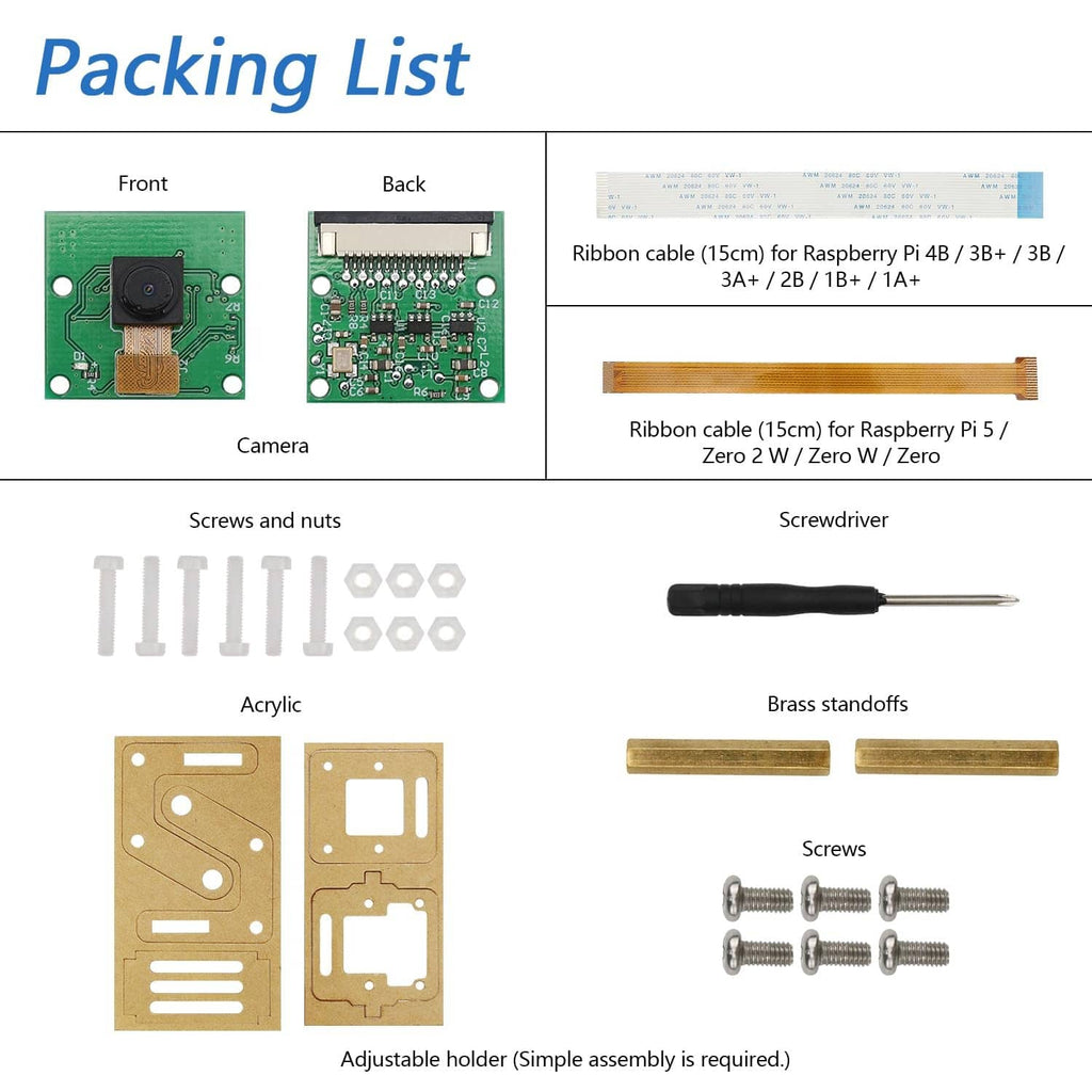 Raspberry Pi camera kit packing contents: camera board, ribbon cable, screws, acrylic parts