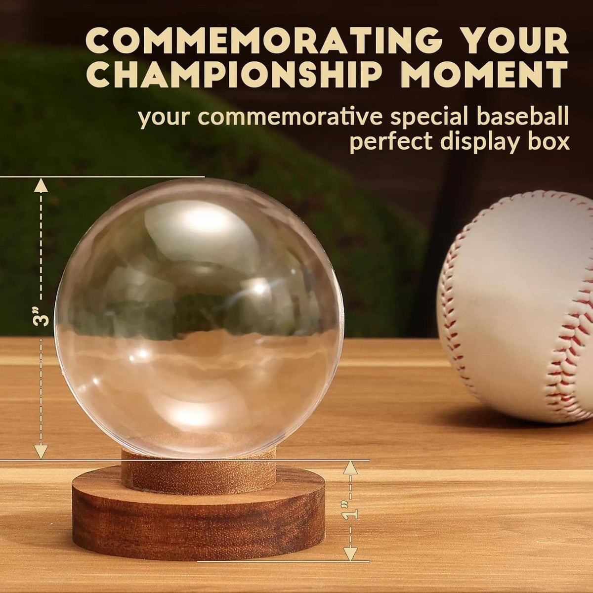 Clear dome baseball display case with baseball on round brown wooden base