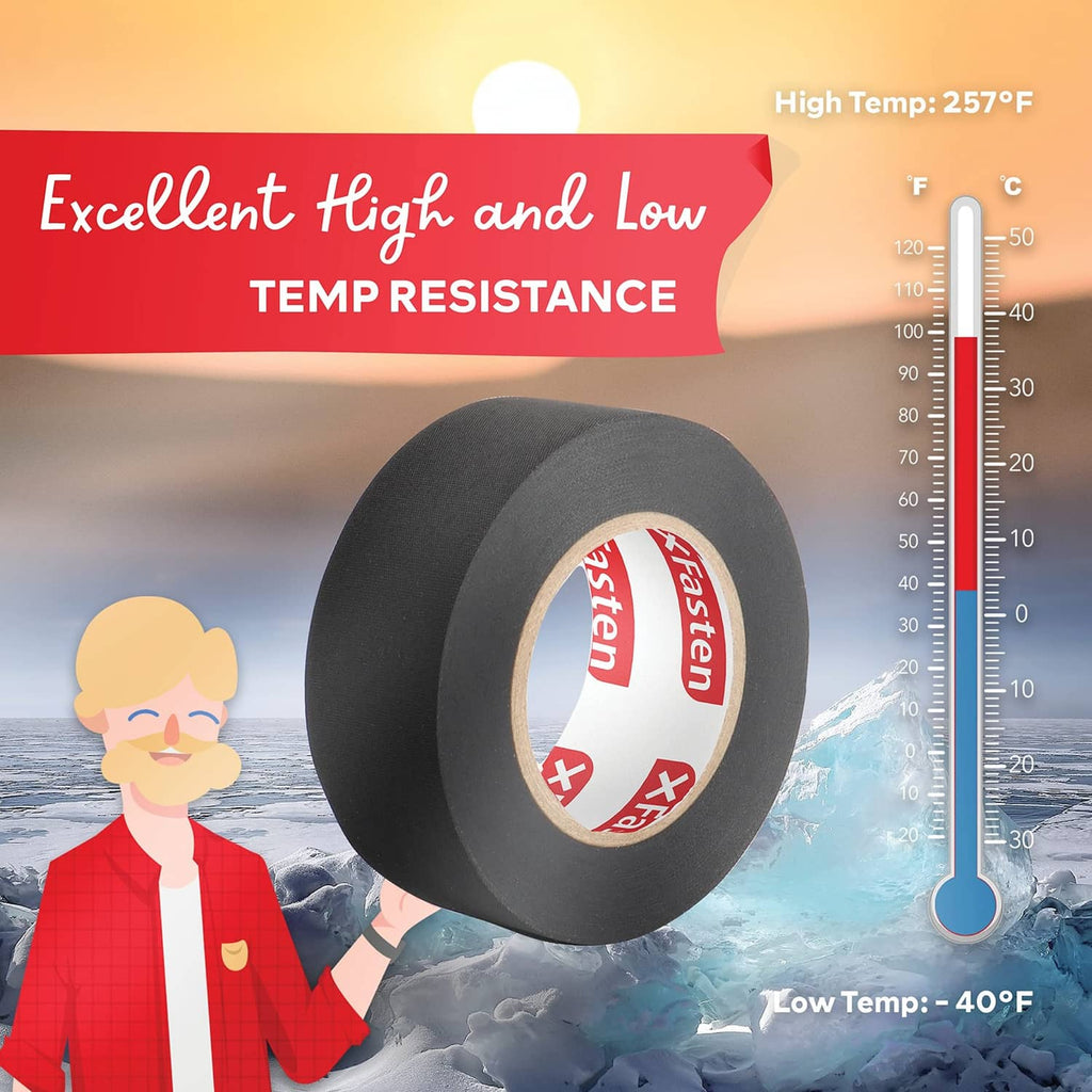 Black wire harness tape roll shown with high temperature resistance indicator