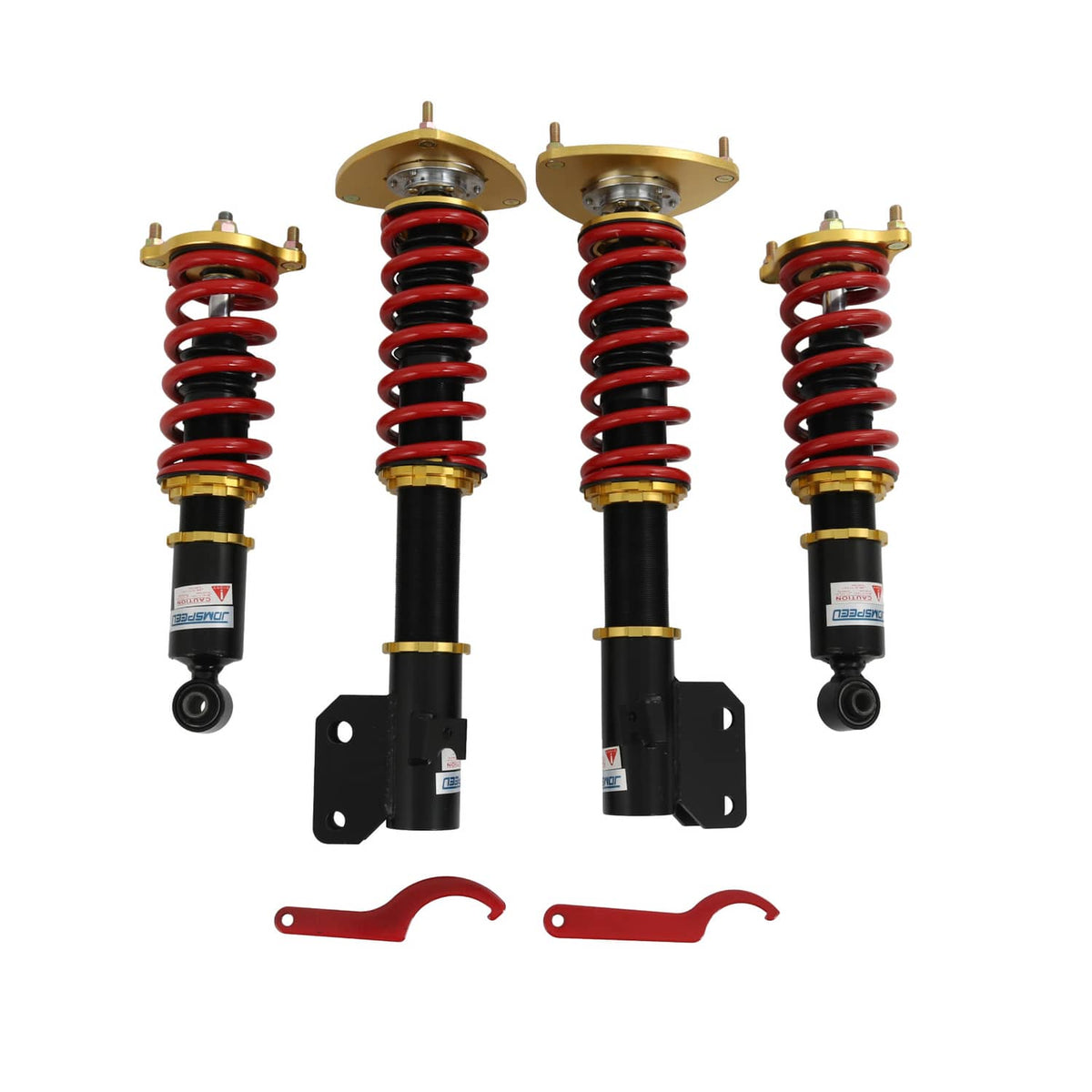Coilover strut set with red coil springs, black dampers, gold plates, and red C-wrench