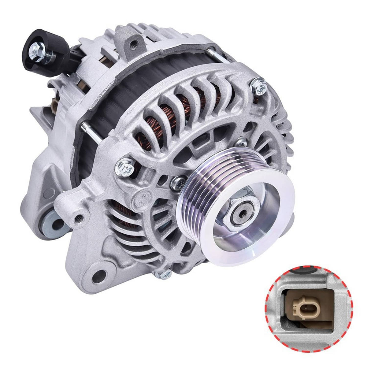 Silver alternator with belt pulley and mounting brackets