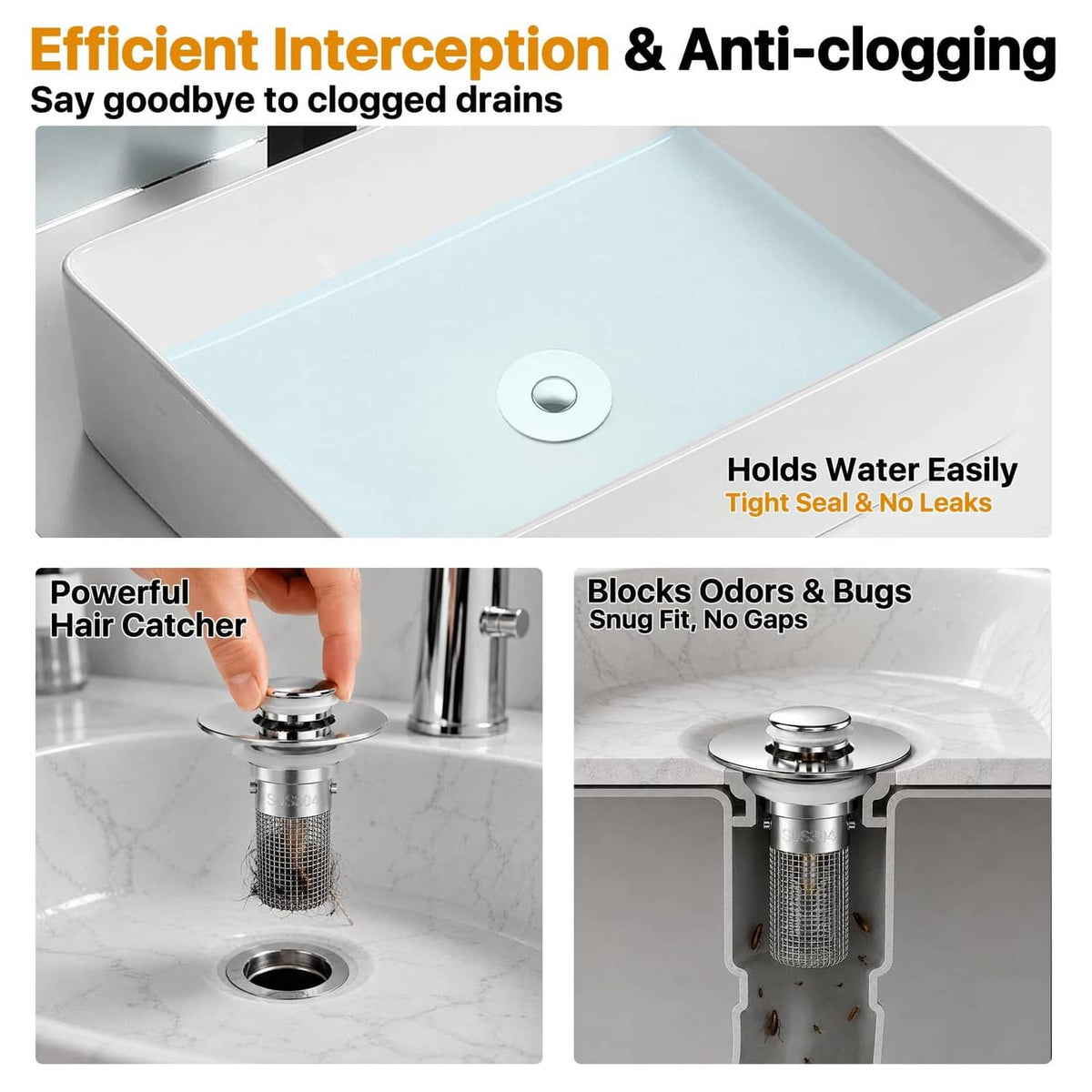 Bathroom sink drain hair catcher stopper with stainless-steel mesh basket
