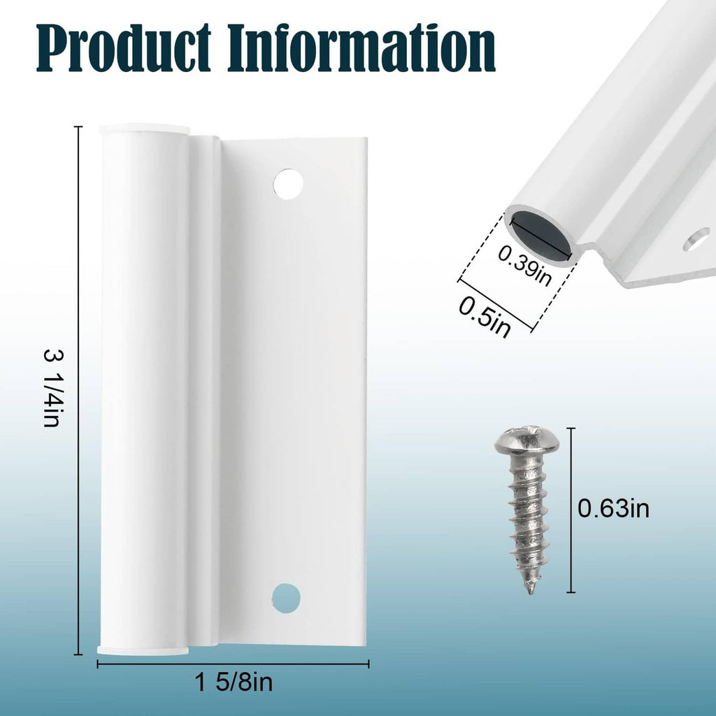White hinge leaf for screen door, showing two-piece bracket and screw size detail