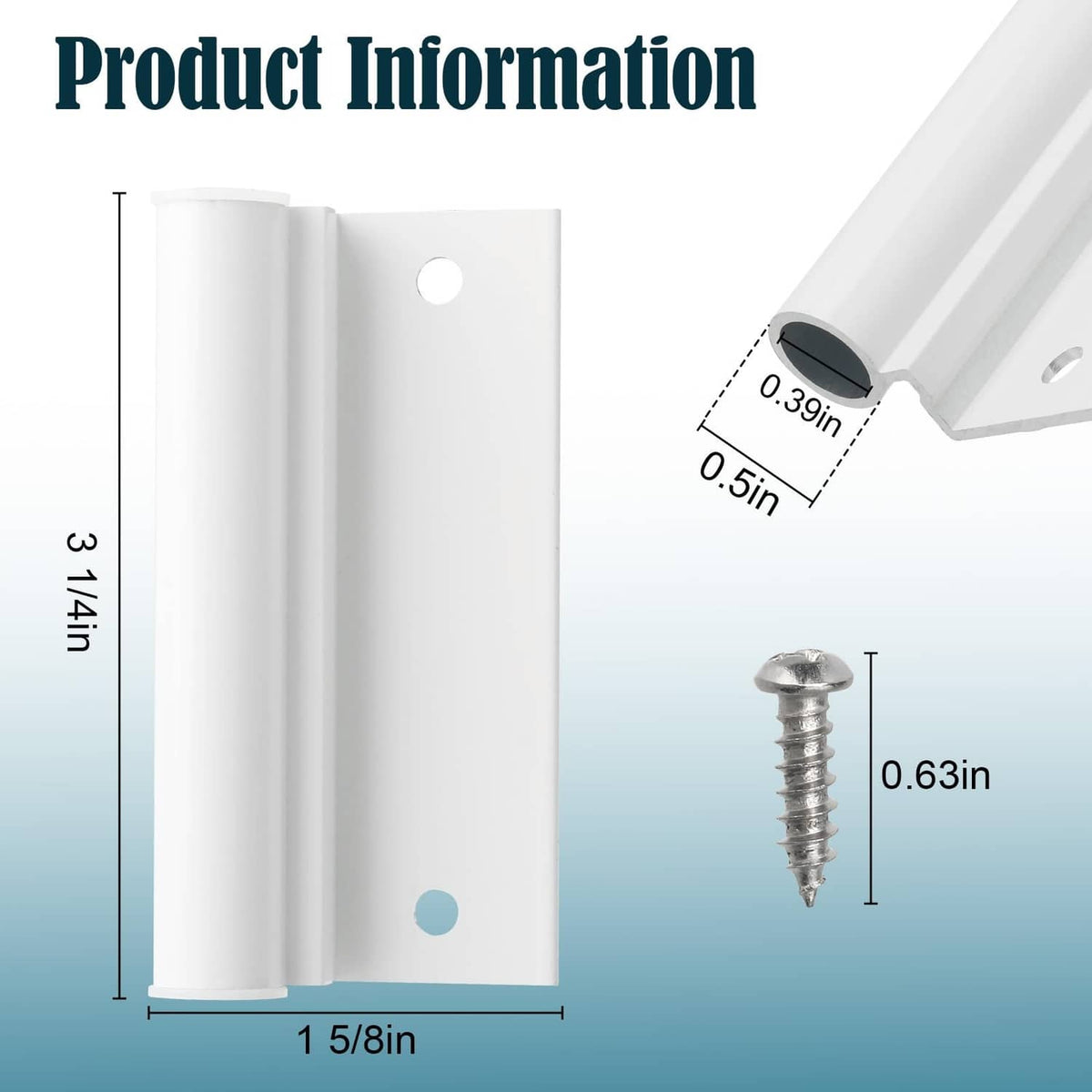 White hinge leaf for screen door, showing two-piece bracket and screw size detail