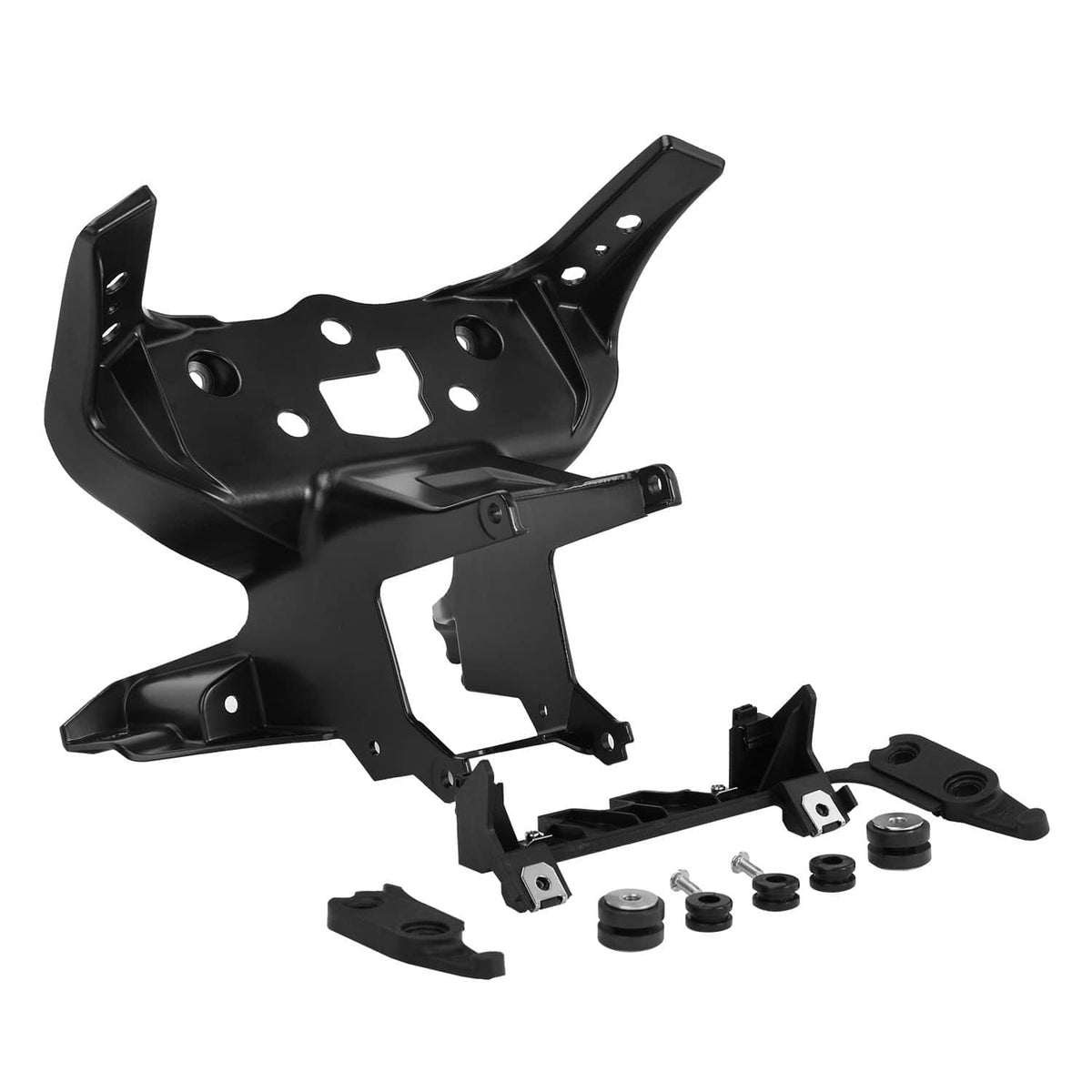 Black front headlight upper fairing stay bracket with mounting tabs and screws included