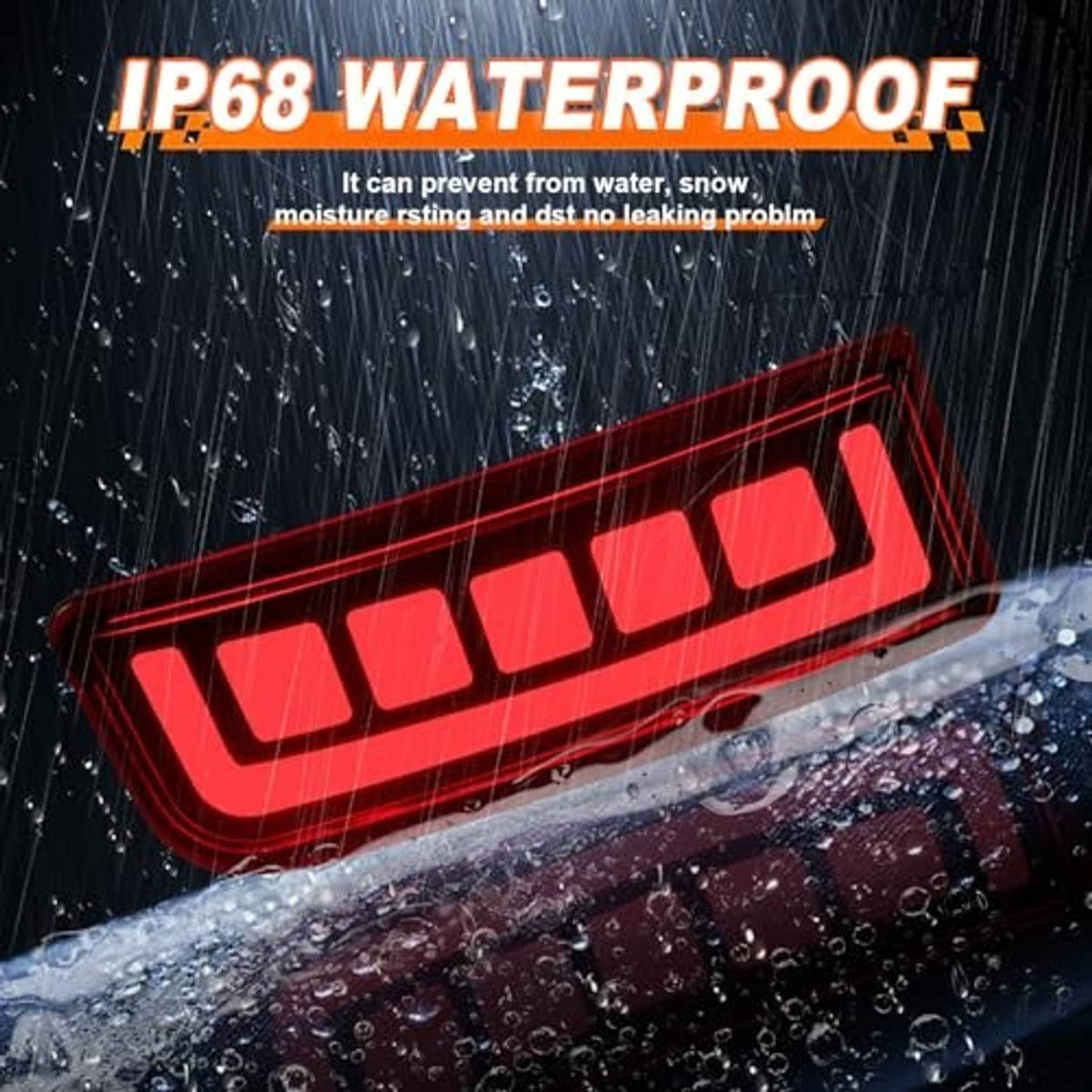 Waterproof red LED rear bumper reflector light with IP68 raindrop protection graphic