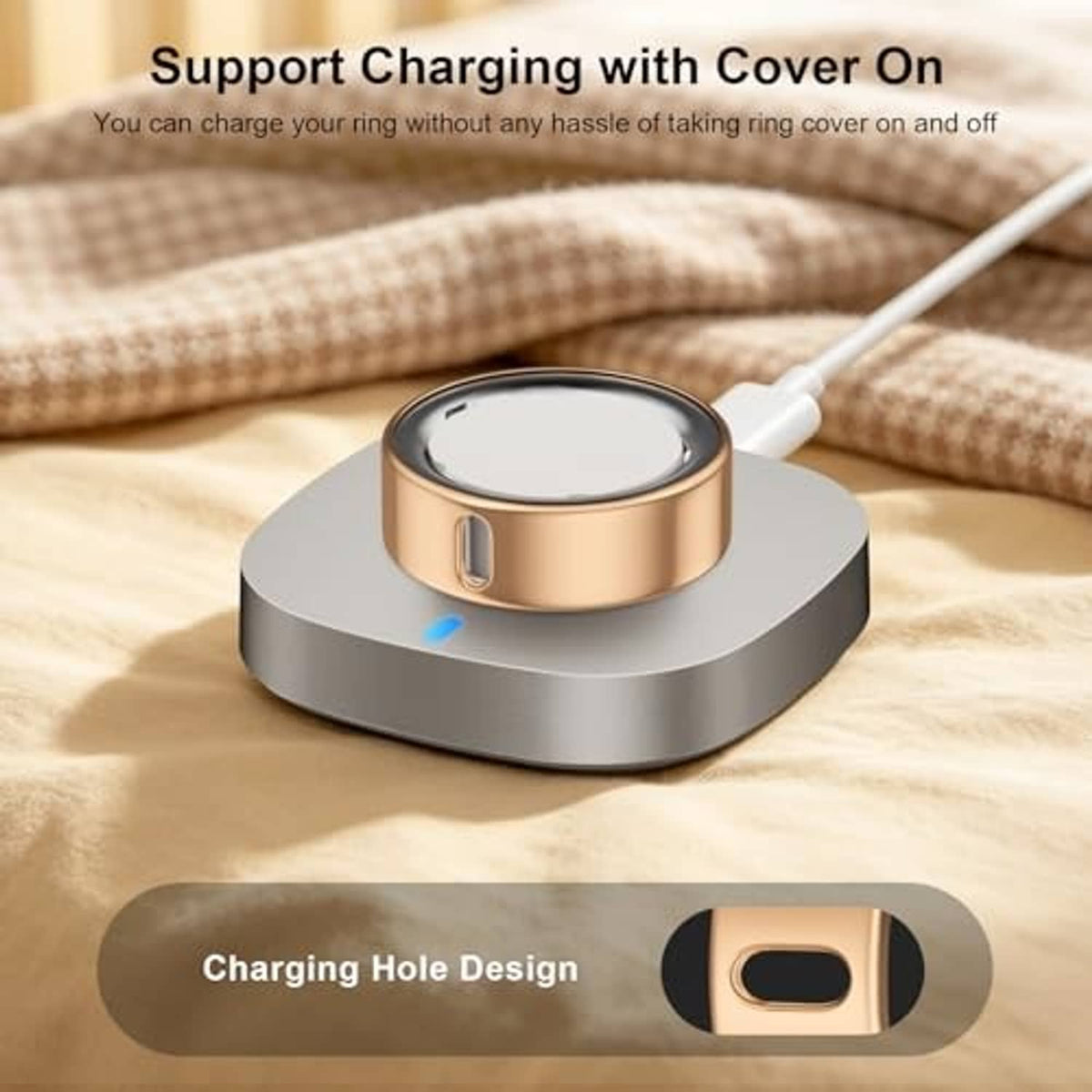 Gold ring cover on charging dock base with access opening for charging