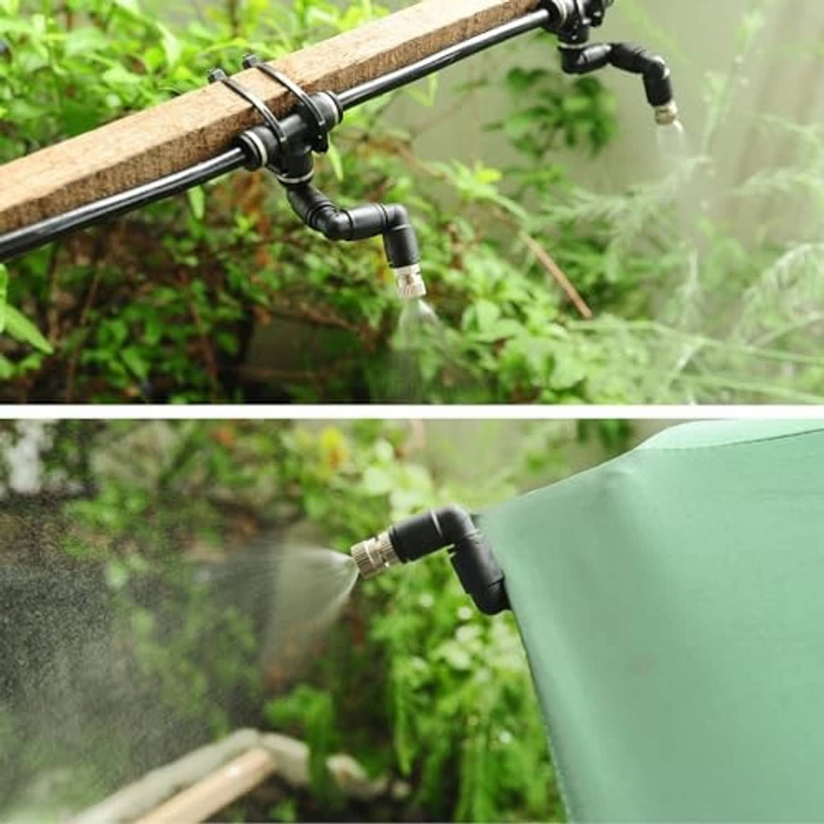 Black misting nozzle on tubing spraying fine mist outdoors near plants