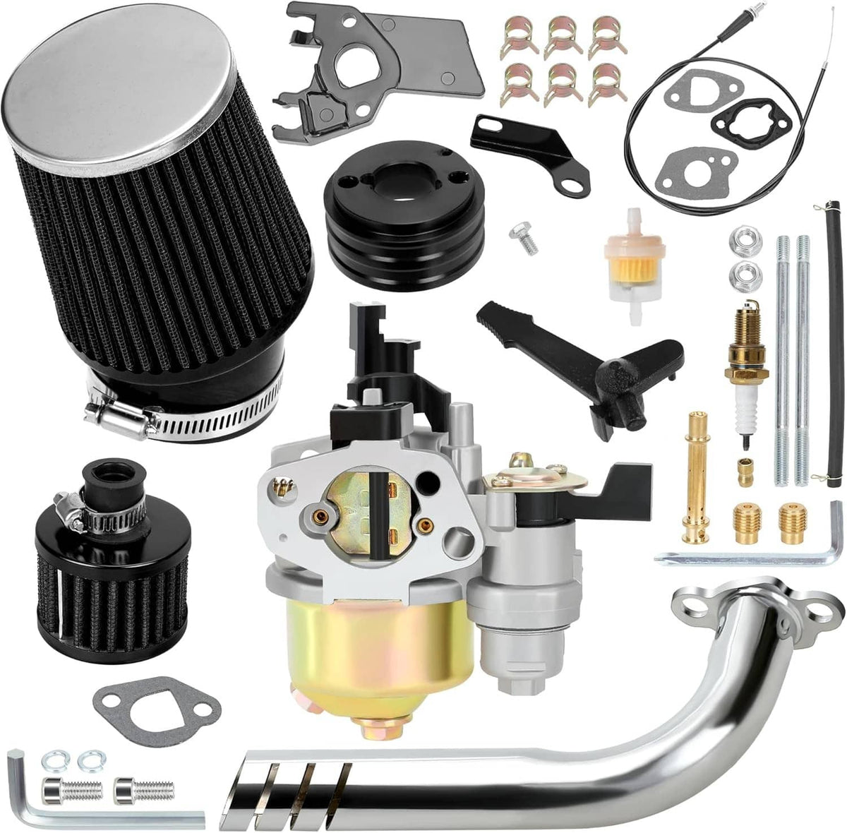 Black cylindrical air filter with silver end and ribbed mesh, part of stage kit
